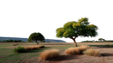 African Savanna Landscape: Panoramic view of the iconic African savanna, where a lone acacia tree stands in the foreground, framed by expansive grasslands and distant hills under a bright, clear sky.