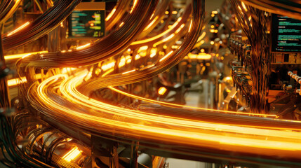 fiber optic cables glowing as configuration script runs on monitor in background cyber maintenance concept illustration concept scene visual for commercial design use high detail quality stock image