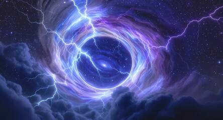Obraz premium Surreal Glowing Circular Portal in the Sky Formed by Swirling Nebula Clouds and Lightning, Opening into Another Galaxy, Dramatic Cinematic Fantasy Landscape, Ultra Photorealistic 8K Detail