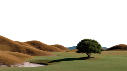 Solitary Tree in Scenic Vista: A lone tree, lush and verdant, casts a long shadow across a rolling green expanse. It symbolizes resilience and beauty against a backdrop of subtle dunes.