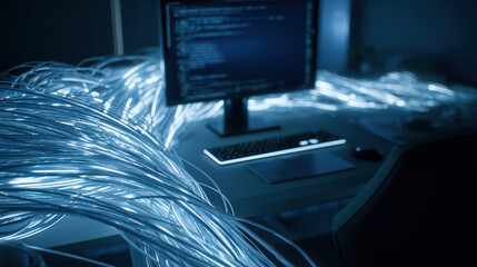 fiber optic cables glowing as configuration script runs on monitor in background cyber maintenance concept illustration concept scene visual for commercial design use high detail quality stock image
