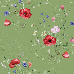 Seamless pattern. Watercolor colorful wildflower floral flower forest meadow clipart white green herbs red yellow leaves. Wedding, background, fashion, textile. Fern, shamroock, chamomile, poppy, ivy. © Veris Studio