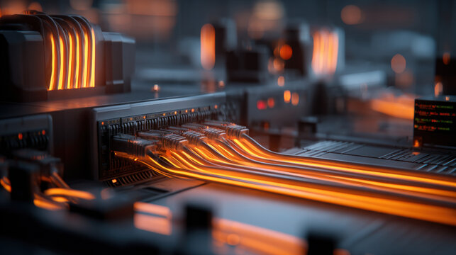 fiber optic cables glowing as configuration script runs on monitor in background cyber maintenance concept illustration concept scene visual for commercial design use high detail quality stock image