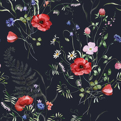 Seamless pattern. Watercolor colorful wildflower floral flower forest meadow clipart white green herbs red yellow leaves. Wedding, background, fashion, textile. Fern, shamroock, chamomile, poppy, ivy.