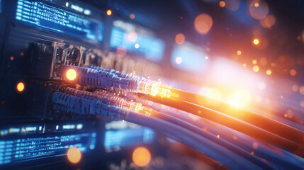fiber optic cables glowing as configuration script runs on monitor in background cyber maintenance concept illustration concept scene visual for commercial design use high detail quality stock image