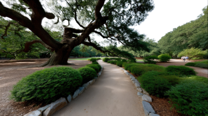 Pathway to Serenity: A winding path meanders through a meticulously manicured garden, leading the viewer's gaze toward the sprawling canopy of an ancient tree, under a gentle sky.