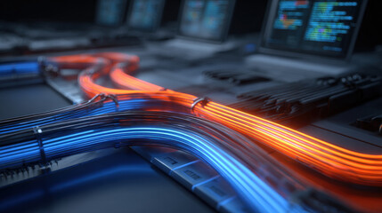 fiber optic cables glowing as configuration script runs on monitor in background cyber maintenance concept illustration concept scene visual for commercial design use high detail quality stock image