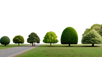 Tree lined road and green meadow: A surreal landscape unfolds as meticulously manicured trees stand along a winding road in a pristine green meadow, creating a unique and artistic visualization.