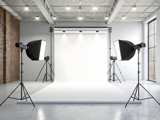 Photography studio setup with softbox lights and seamless white backdrop equipment lighting