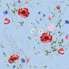 Seamless pattern. Watercolor colorful wildflower floral flower forest meadow clipart white green herbs red yellow leaves. Wedding, background, fashion, textile. Fern, shamroock, chamomile, poppy, ivy.