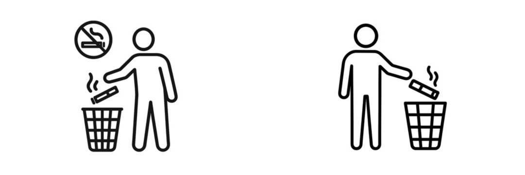 No Smoking Sign with Person Disposing Cigarette in Bin