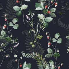 Seamless pattern. Watercolor colorful wildflower floral flower forest meadow clipart white green herbs red yellow leaves. Wedding, background, fashion, textile. Fern, shamroock, chamomile, poppy, ivy.