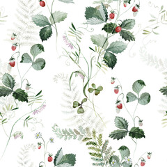 Seamless pattern. Watercolor colorful wildflower floral flower forest meadow clipart white green herbs red yellow leaves. Wedding, background, fashion, textile. Fern, shamroock, chamomile, poppy, ivy.