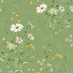 Seamless pattern. Watercolor colorful wildflower floral flower forest meadow clipart white green herbs red yellow leaves. Wedding, background, fashion, textile. Fern, shamroock, chamomile, poppy, ivy.