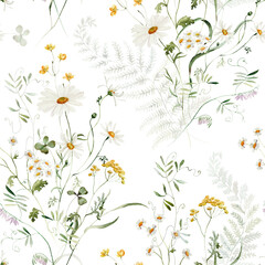 Seamless pattern. Watercolor colorful wildflower floral flower forest meadow clipart white green herbs red yellow leaves. Wedding, background, fashion, textile. Fern, shamroock, chamomile, poppy, ivy.
