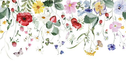 Seamless border. Watercolor colorful wildflower floral flower forest meadow clipart green herbs leaves. Wedding invitation, fashion, background, textile. Fern, shamroock, chamomile, ivy, strawberry.