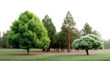 Fototapeta premium Trees in a Green Landscape: A beautiful view of different kinds of trees standing in a green grassy area creating a tranquil, harmonious and nature environment. 