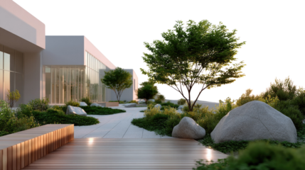 Serene Garden Oasis: Capturing a tranquil scene of meticulously designed garden, where every element is in perfect harmony with nature. The scene showcases a stone and bench with flourishing trees. 