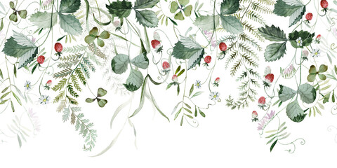Seamless border. Watercolor wildflower floral forest meadow set - green herbs leaves flower. Wedding invitation, wallpaper, fashion, background, textile. Fern, shamroock, chamomile, ivy, strawberry.