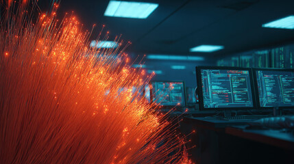 fiber optic cables glowing as configuration script runs on monitor in background cyber maintenance concept illustration concept scene visual for commercial design use high detail quality stock image