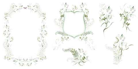 Clipart Set. Watercolor colorful wildflower floral bouquet frame wreath crest - flower forest meadow green herbs leaves. Wedding invitation, fashion, textile. Fern, clover, chamomile, ivy, strawberry.