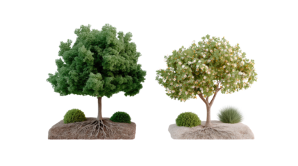 Two trees: Captivating detail of two trees, with green foliage, showcasing roots and trunks, against a simple yet elegant backdrop. A beautiful display of nature and its inherent beauty.