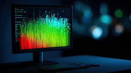 fiber optic cables glowing as configuration script runs on monitor in background cyber maintenance concept illustration concept scene visual for commercial design use high detail quality stock image