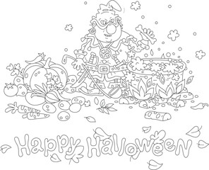 Happy Halloween card with an angry cruel ogre cooking tasty soup from fresh vegetables and bones in his big cauldron on fire in a hearth of a cave, black and white vector cartoon illustration