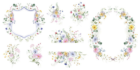 Clipart Set. Watercolor colorful wildflower floral bouquet frame wreath crest - flower forest meadow green herbs leaves. Wedding invitation, fashion, textile. Fern, clover, chamomile, ivy, strawberry.