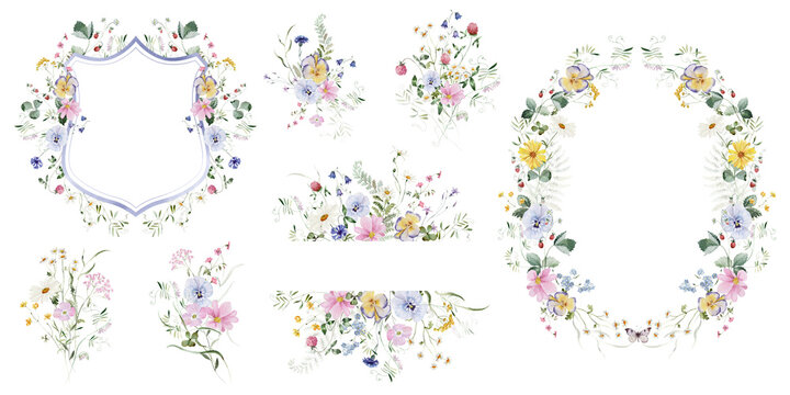 Clipart Set. Watercolor colorful wildflower floral bouquet frame wreath crest - flower forest meadow green herbs leaves. Wedding invitation, fashion, textile. Fern, clover, chamomile, ivy, strawberry.