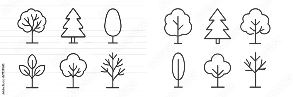 Poster set of stylized tree icons in outline style