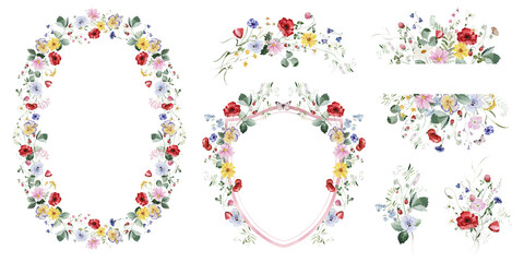 Clipart Set. Watercolor colorful wildflower floral bouquet frame wreath crest - flower forest meadow green herbs leaves. Wedding invitation, fashion, textile. Fern, clover, chamomile, ivy, strawberry.