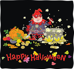 Happy Halloween card with an angry cruel ogre cooking tasty soup from fresh vegetables and bones in his big cauldron on fire in a hearth of a cave, vector cartoon illustration