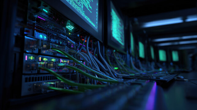 fiber optic cables glowing as configuration script runs on monitor in background cyber maintenance concept illustration concept scene visual for commercial design use high detail quality stock image