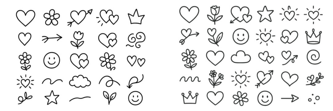 Hand-drawn doodle icons of hearts, flowers, and smiles