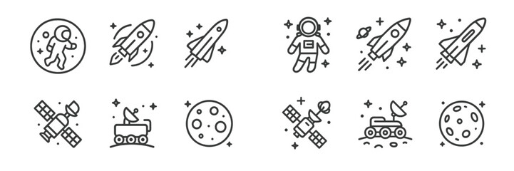 Naklejka premium Space exploration icons: astronaut, rockets, satellite, rover, moon
