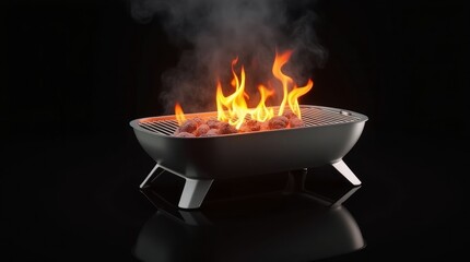 Fiery grill with charcoal and smoke fire flames