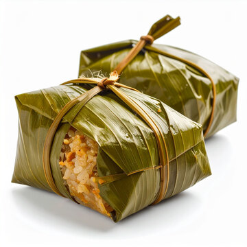 two wrapped pyramid shaped parcels on a bright background. each parcel is encased in shiny, dark green leaves and secured with a thin, natural string
