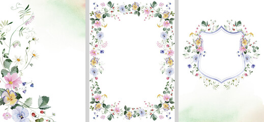 Clipart Set. Watercolor colorful wildflower floral bouquet frame wreath crest - flower forest meadow green herbs leaves. Wedding invitation, fashion, textile. Fern, clover, chamomile, ivy, strawberry.