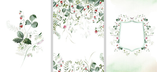 Clipart Set. Watercolor colorful wildflower floral bouquet frame wreath crest - flower forest meadow green herbs leaves. Wedding invitation, fashion, textile. Fern, clover, chamomile, ivy, strawberry.