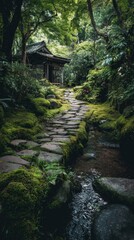 Peaceful Woodland Landscape with Stone Path and Serene Green Environment