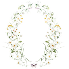 Wreath. Watercolor colorful wildflower floral clipart - flower forest meadow green red pink herbs leaves. Wedding invitation, fashion, background, textile. Fern, clover, chamomile, ivy, strawberry.