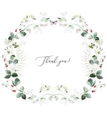 Wreath. Watercolor colorful wildflower floral clipart - flower forest meadow green red pink herbs leaves. Wedding invitation, fashion, background, textile. Fern, clover, chamomile, ivy, strawberry.