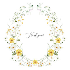 Wreath. Watercolor colorful wildflower floral clipart - flower forest meadow green red pink herbs leaves. Wedding invitation, fashion, background, textile. Fern, clover, chamomile, ivy, strawberry.