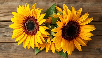 Sunflower arrangement on a rustic wooden surface with warm yellow tones.