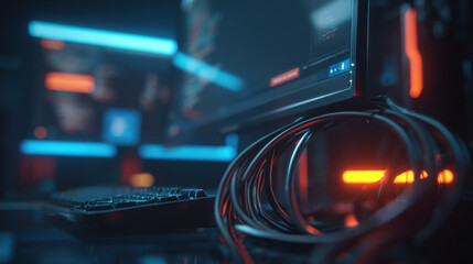 fiber optic cables glowing as configuration script runs on monitor in background cyber maintenance concept illustration concept scene visual for commercial design use high detail quality stock image