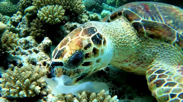 sea turtle eating plastic bag among coral reefs