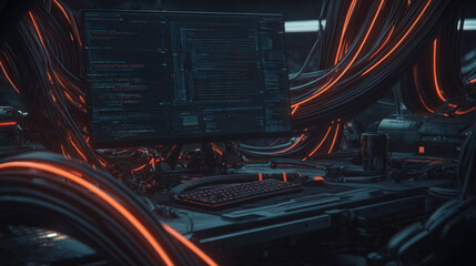 fiber optic cables glowing as configuration script runs on monitor in background cyber maintenance concept illustration concept scene visual for commercial design use high detail quality stock image