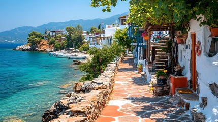 Fototapeta premium Seaside walkway along turquoise waters with fishing boats in a picturesque coastal village during midday