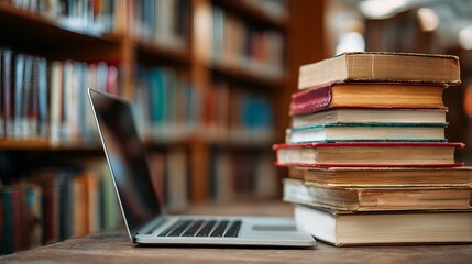 Modern learning meets classic knowledge with laptop and stacked books in a library setting